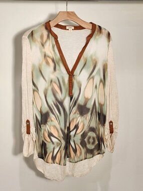 Watercolor Tunic TINY by ANTRHOPOLOGIE Leather trim Women's Size L